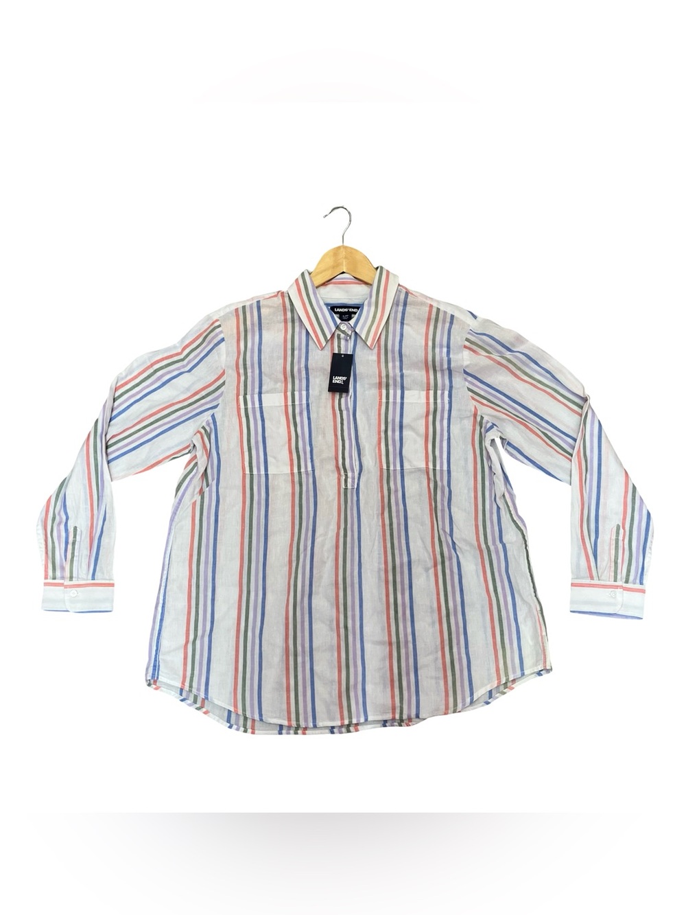 Lands End Linen Cotton Shirt Large Petite Striped Shirt Tunic Pink Blue New